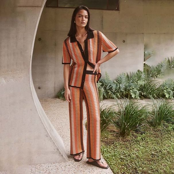 Vintage Stripe Knit Lounge Set For Women - Long Pants & V-Neck Tunic Dress - Retro Casual Outfit (Black & Orange, S/M/L)_ecoleips.com
