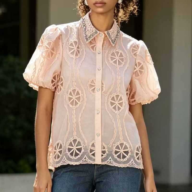 Women's Clothing Women's Style Fashionable Rhinestone Embellished Puff Sleeve Shirt Loose Fitting Heavy Duty Top_ecoleips.com
