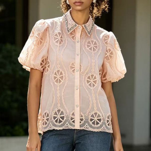 Women's Clothing Women's Style Fashionable Rhinestone Embellished Puff Sleeve Shirt Loose Fitting Heavy Duty Top_ecoleips.com