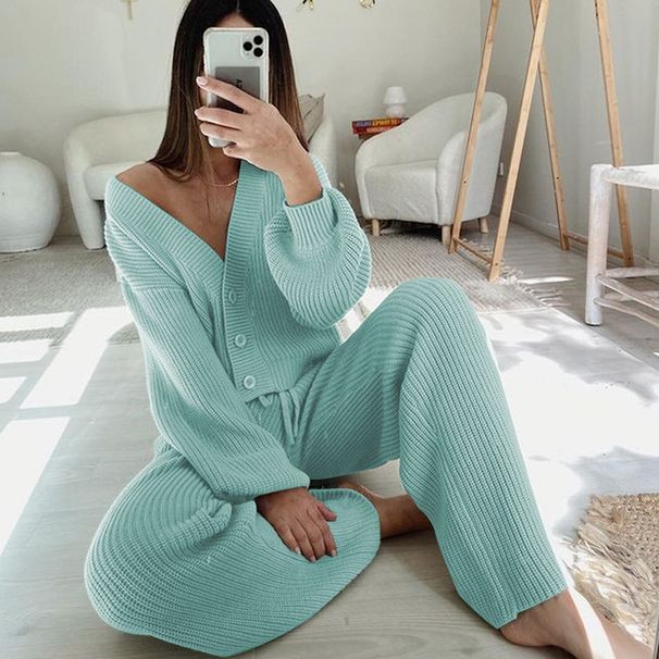 European And American 2025 Casual Fashion Women's Solid Color Cardigan Long Sleeved Sweater Trousers Two Piece Suit_ecoleips.com