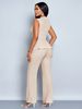 Women's Apricot Elegant V-Neck Vest And Wide-Leg Pants Two-Piece Set_ecoleips.com