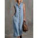 Solid Color Stand Collar Button Design Sleeveless Loose Cotton Linen Casual Dress For Women Daily Leisure Wear_ecoleips.com