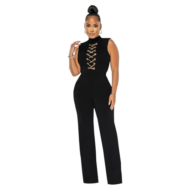 Women's Sexy Solid Color Sleeveless Stand Collar Round Neck Jumpsuit Wide Leg Pants_ecoleips.com