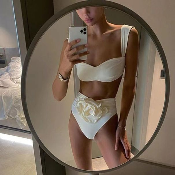 Women's Clothing White 3D Flower Bikini Simple Fashion Swimsuit Stock With Chest Pad No Steel Support_ecoleips.com