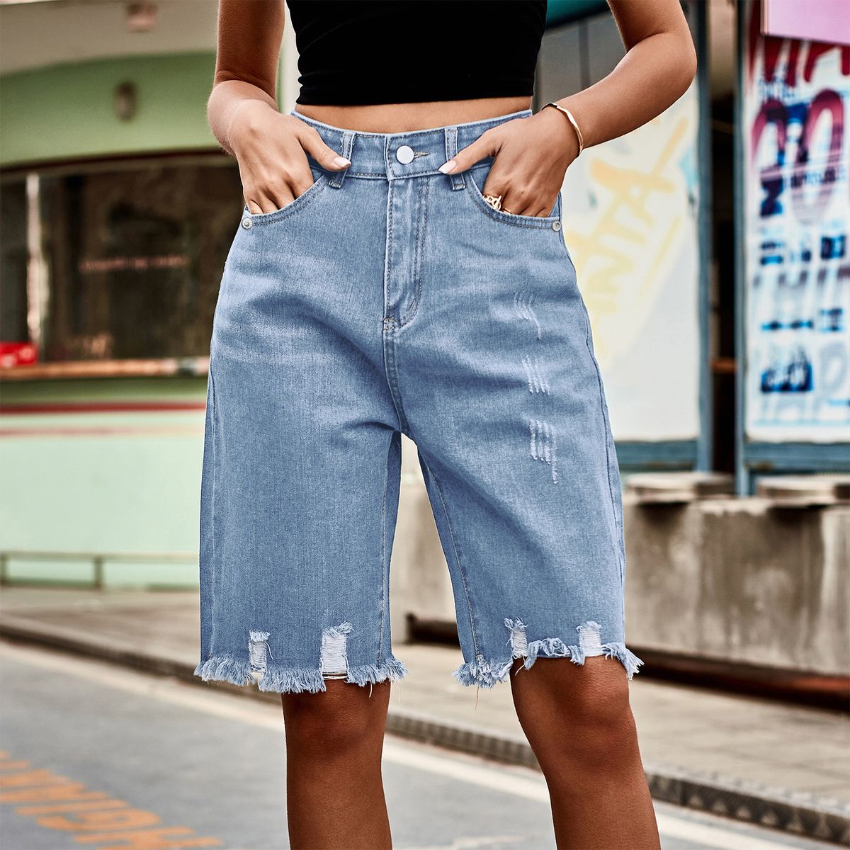 2025s 2025 New Fashion Denim Ripped Cropped Pants With Frayed Hem For Women_ecoleips.com