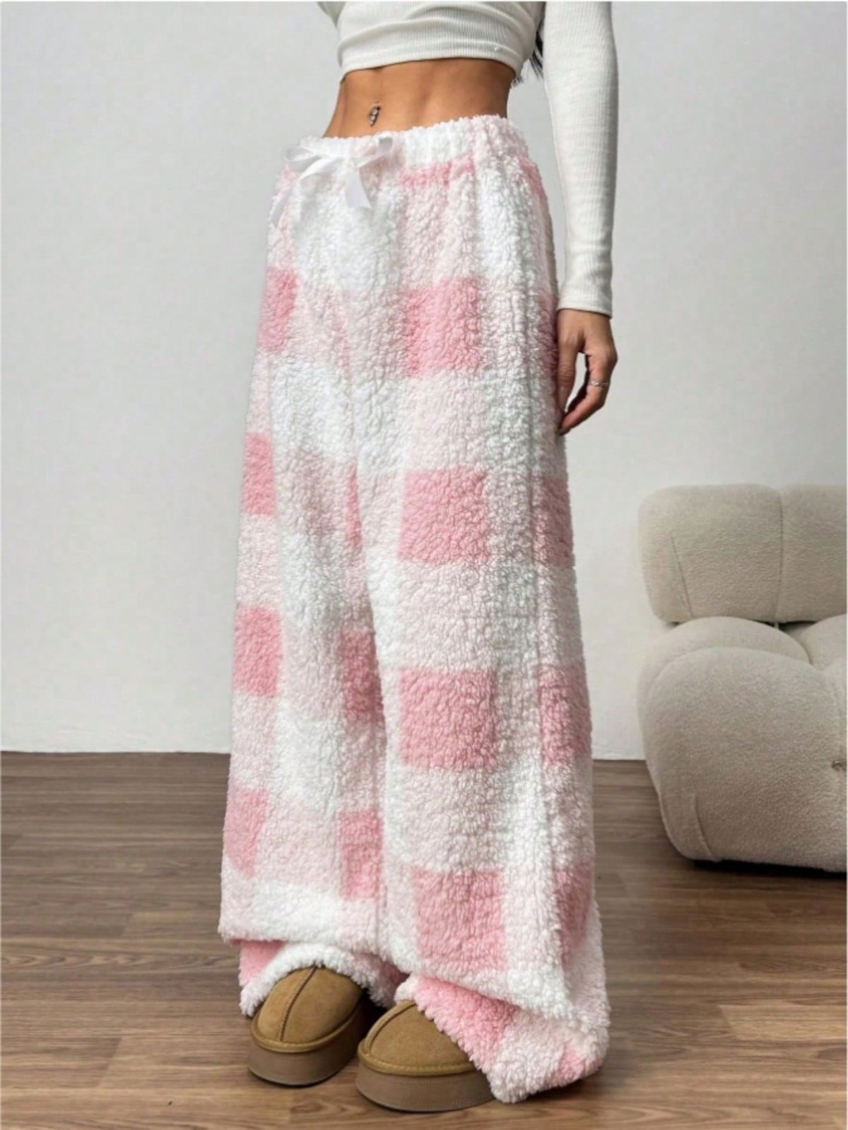A Pair Of Women's Spring, Autumn And Winter Pajamas, Loose, Casual Checked Pants, Fleece And Thickened Pants, And Home Wear_ecoleips.com
