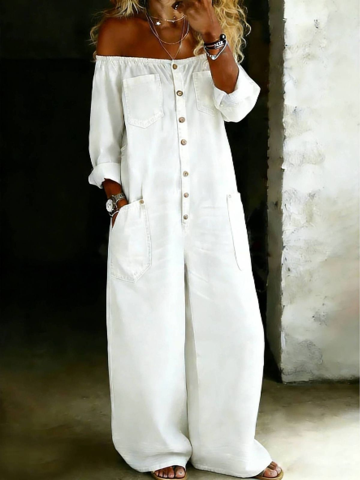 Women's Off-Shoulder Denim Overalls - Fashion Strap Detail Jumpsuit With Button Front_ecoleips.com