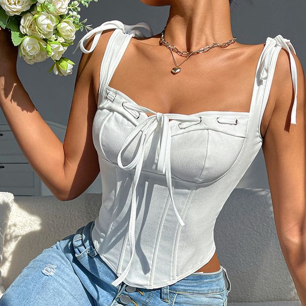 Women's Slim Fit Fishbone Camisole Sexy Hot Girl Square Neck Beautiful Back Top With Bow Tie New Style_ecoleips.com