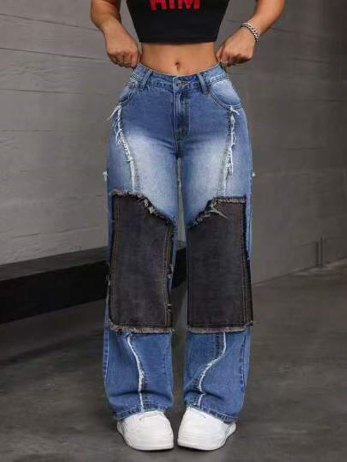 Women's Clothing Patchwork Patchwork Denim High Waist Tight Hip Raw Edge Women's Straight Denim_ecoleips.com