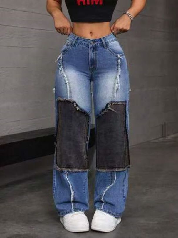 Women's Clothing Patchwork Patchwork Denim High Waist Tight Hip Raw Edge Women's Straight Denim_ecoleips.com