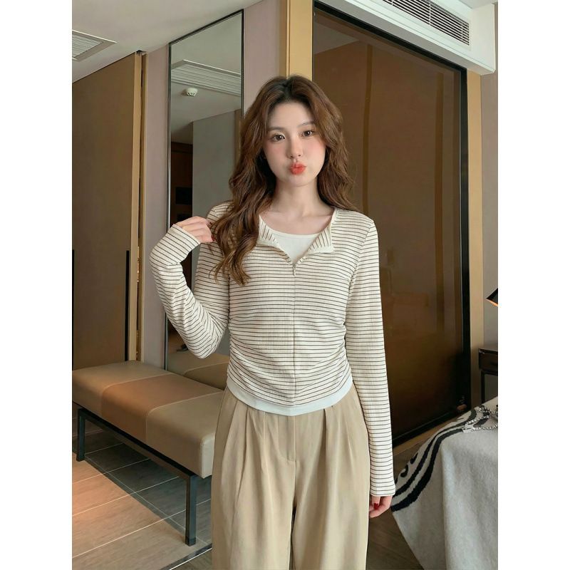 Tredy Fashioable Striped Log-sleeve T-shirt Wome, Korea Retro Style, Two-piece Base Shirt For Sprig Ad_ecoleips.com