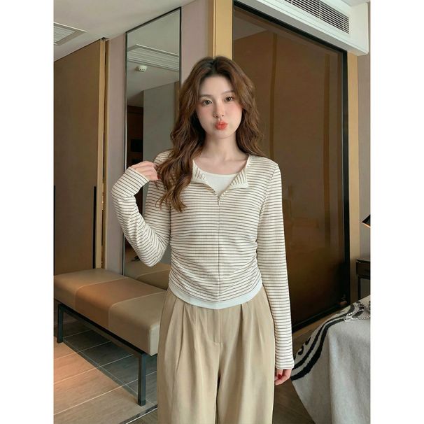 Tredy Fashioable Striped Log-sleeve T-shirt Wome, Korea Retro Style, Two-piece Base Shirt For Sprig Ad_ecoleips.com