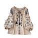 Women's Ethnic Style Embroidered Top Tie Waist Loose Fit Slimming Lantern Sleeves Super Cute Versatile Spring 2025_ecoleips.com