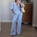 Women’s Clothing Spring And Summer New Sweet Solid Color Suit Pure Cotton V Neck Top Bubble Short Sleeved Trousers 2 Piece Set_ecoleips.com