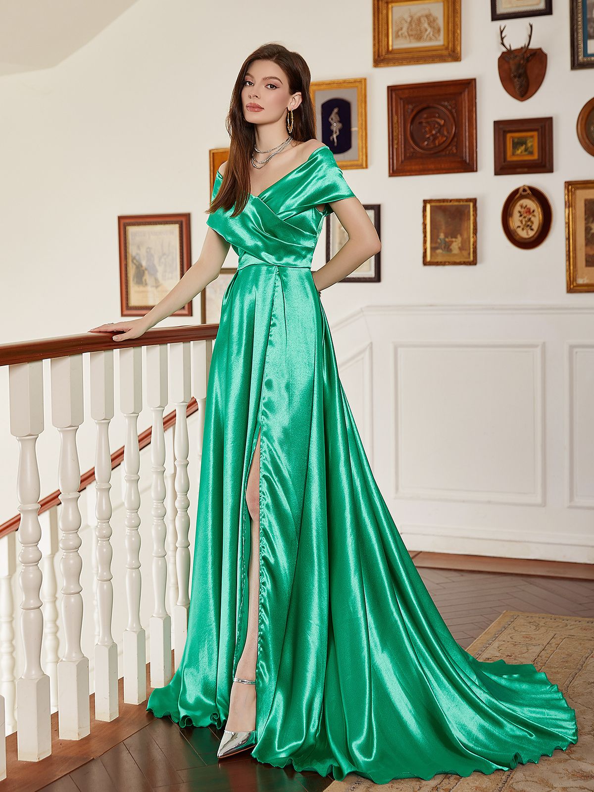 Women's Clothing V Neck Elegant Tail One Line Collar Long Slit Long Banquet Dress Skirt_ecoleips.com