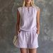Women's Solid Color V Neck Button Up Short Sleeved Shorts Set Casual Two Piece Spring/Summer Fashion_ecoleips.com