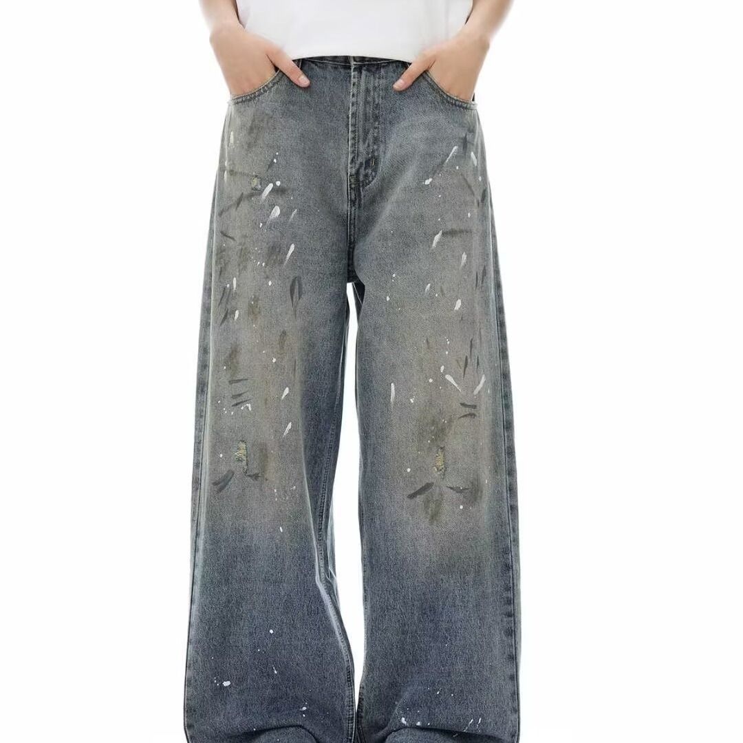 Unisex Distressed Washed Wide-Leg Jeans – Oversized Streetwear Denim Pants With Splatter Paint Effect_ecoleips.com