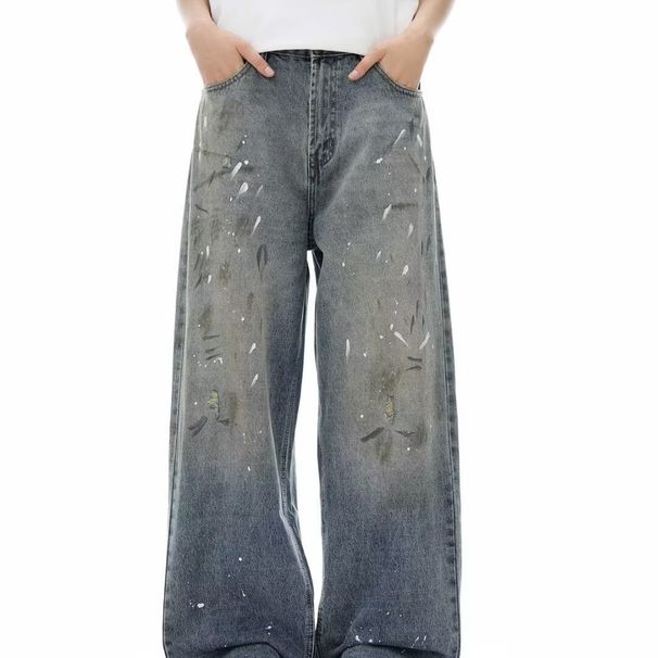 Unisex Distressed Washed Wide-Leg Jeans – Oversized Streetwear Denim Pants With Splatter Paint Effect_ecoleips.com