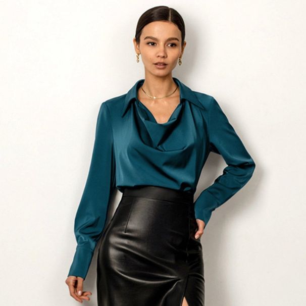 Women's Clothing Women's Work Wear Autumn New White Mature Tops Long Sleeves Women's Irregular Collar Drape Shirt_ecoleips.com