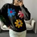 Embroidered Crochet Sweater – Boho Chic Loose Knit, Floral Detailing (Black/White, One Size)_ecoleips.com