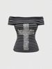 Summer Women's Striped Off-the-Shoulder Top European American Style Short Sleeve Street Fashion Sexy Hot Cross Border Wholesale_ecoleips.com