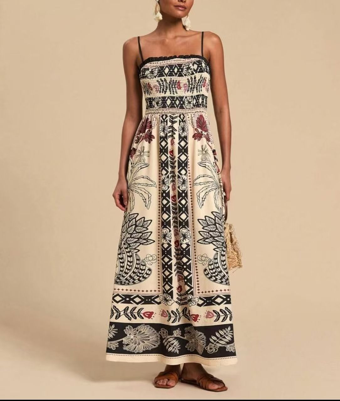 Women's Elegant Print Dress European American Style 2025 New Cross Border Fashion Slimming Sleeveless Cinched Waist Design_ecoleips.com