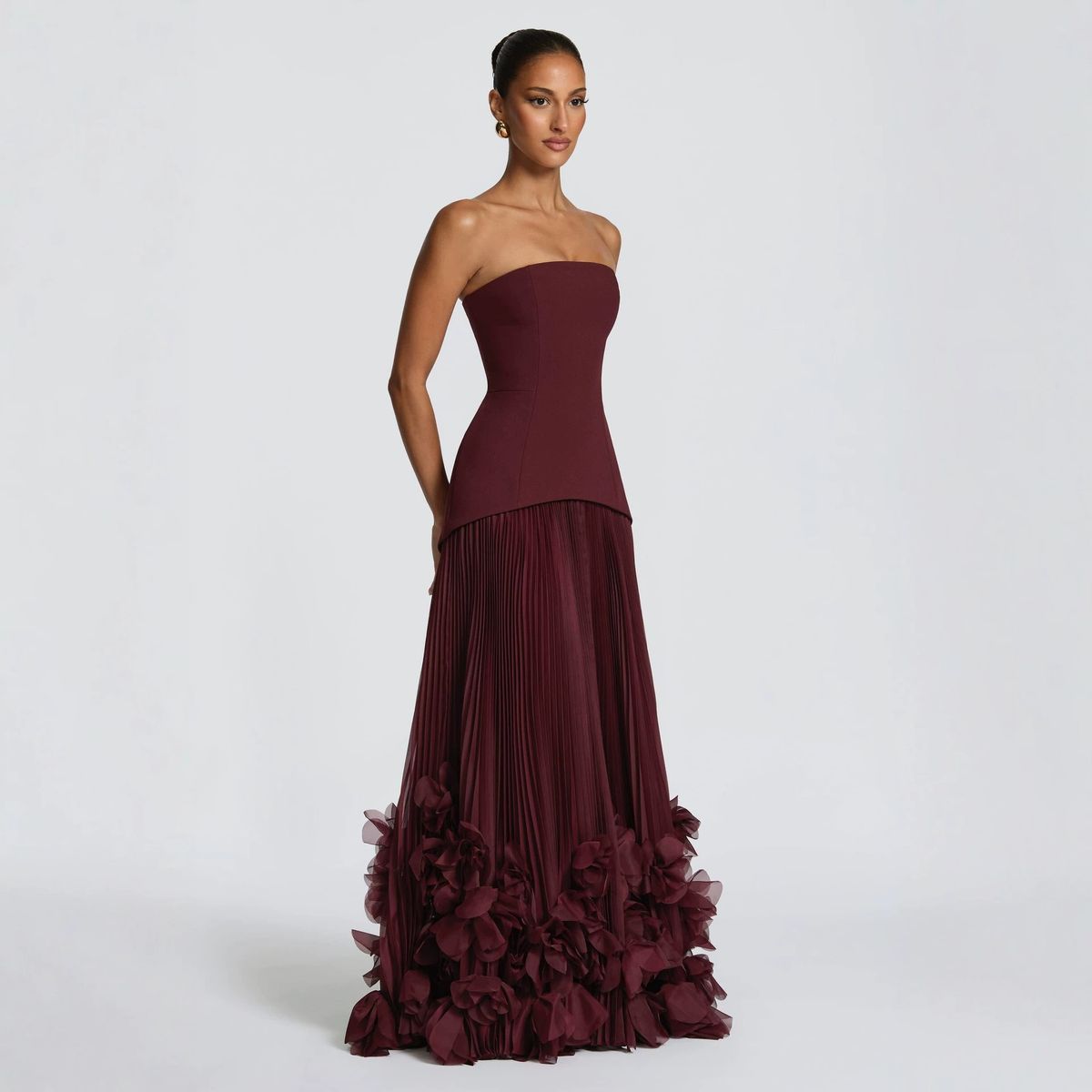 Women's Strapless Belted Pleated 3D Floral Flowy Maxi Dress – Elegant Party Evening Gown 2026_ecoleips.com