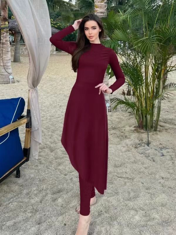 Women's Clothing Conservative Separate Long Sleeve Swimsuit Set Irregular Hemline Fashionable Popular Women's Swimwear_ecoleips.com