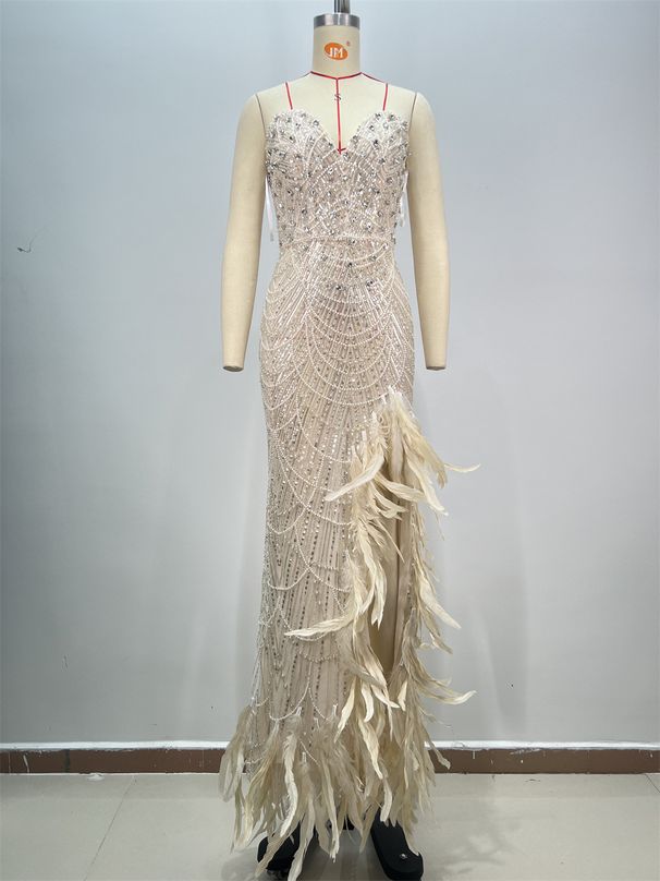 Women's Clothing Backless One Shoulder Diamond Long Slit Feather Dress_ecoleips.com