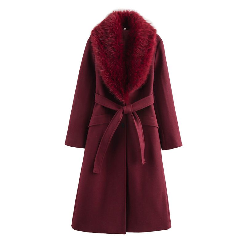 Women's Autumn Trench Coat Wool-Blend Belted Jacket Fashionable Lapel Collar Polyester Outerwear Slim Fit XS S M L Black Khaki Red_ecoleips.com