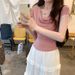 Ins Design Sense Threaded Swingneck Sexy Hottie Shoulder Short T-shirt Women Slim Slim Slim Short-sleeved Top_ecoleips.com