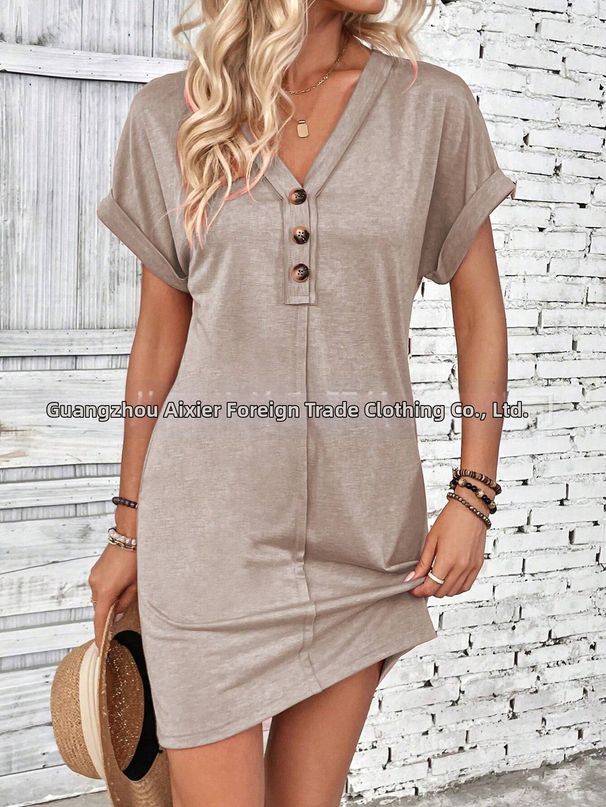 Summer Women's Clothing Fashionable Versatile Buckle V Neck Raglan Shoulder Rolled Sleeve Solid Color Dress 2026 American Style_ecoleips.com