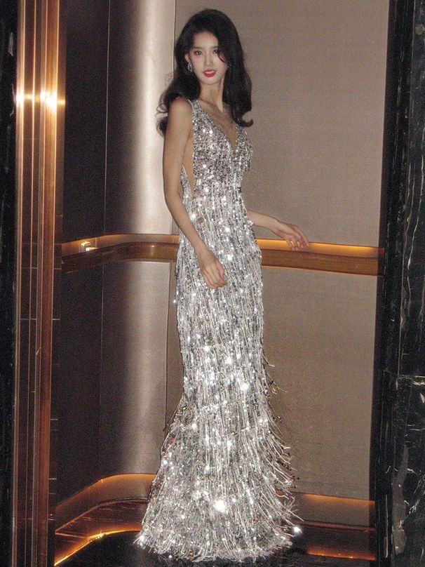 Women's Clothing Silver Tassel Sequined Bride Toast Dress Temperament Banquet High End V Neck Fishtail Evening Dress_ecoleips.com