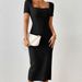 French Square Neck Ribbed Knit Dress - Summer Casual Bodycon Midi Dress For Women (Grey/Black/Rose Red/Red/Lavender/Navy/Green, S-XXL)_ecoleips.com