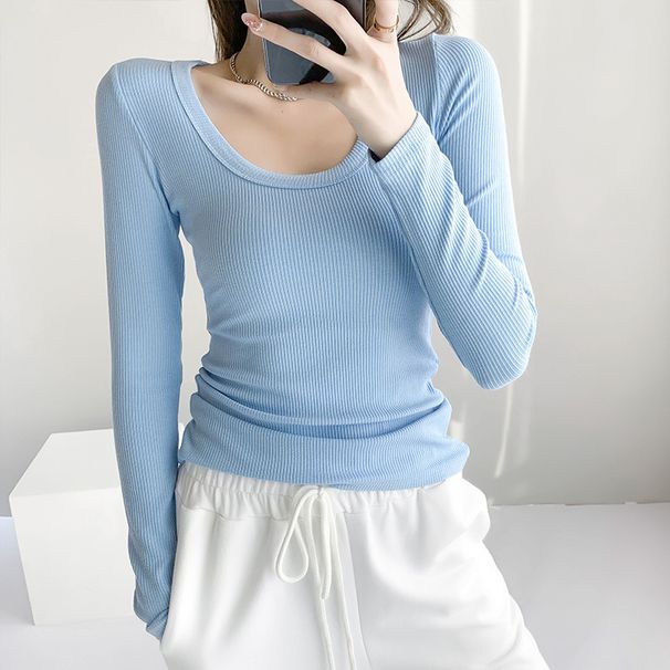 2025 Soft, Fine, High Elasticity, Excellent Cotton, 2025 Autumn New Item, U-Neck T-Shirt, Women's Long Sleeved Slim Fit,_ecoleips.com