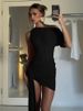Mozision Oblique Shoulder Backless Irregular Sexy Mini Dress For Women Fashion Sleeveless Draped Ruched Club Dress Elegant_ecoleips.com