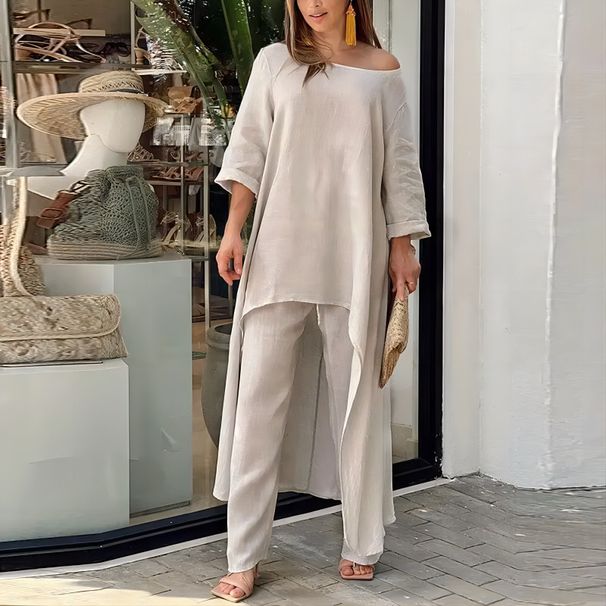 Women's Clothing Women's Plus Size Fashion Casual Set Cotton Linen Wide Leg Pants Two Piece Long Sleeved Irregular Style_ecoleips.com