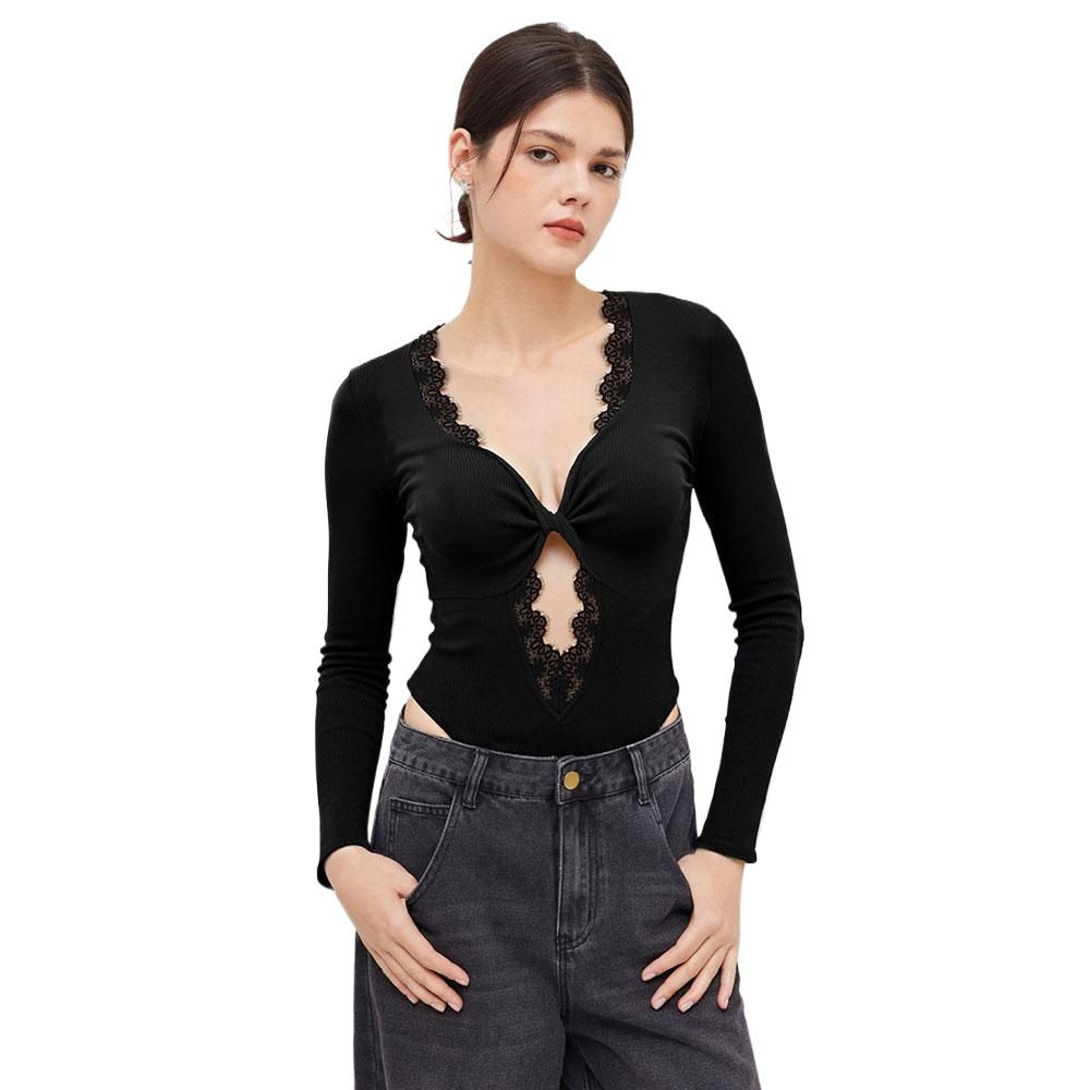 Voya Spring And Summer Black V-neck Lace Edge Twisted Long Sleeved Top With Hollow Chest Design, Slim Fit And Temperament, Paired With A Jumpsuit_ecoleips.com