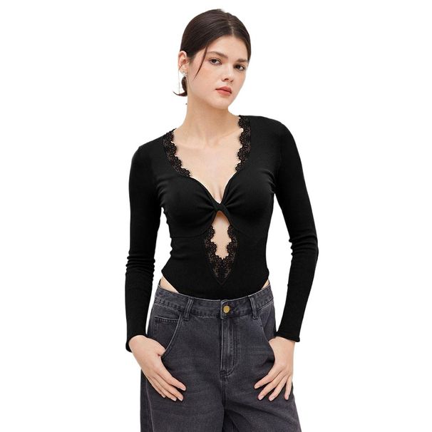 Voya Spring And Summer Black V-neck Lace Edge Twisted Long Sleeved Top With Hollow Chest Design, Slim Fit And Temperament, Paired With A Jumpsuit_ecoleips.com