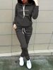 Women's Autumn Winter Fashion Black White Striped Print Long Sleeve Fleece Lined Sweatshirt And Elastic Waist Jogging Pants Set_ecoleips.com