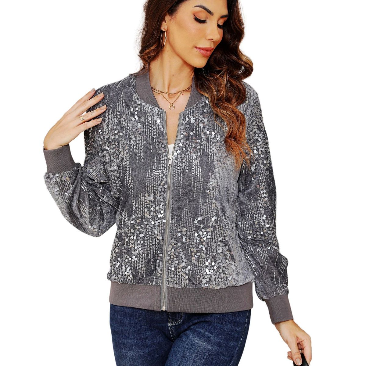 Velvet & Sequins Baseball Jacket – Streetwear Bomber With Gradient Sparkle (S-XL, Black/Grey)_ecoleips.com