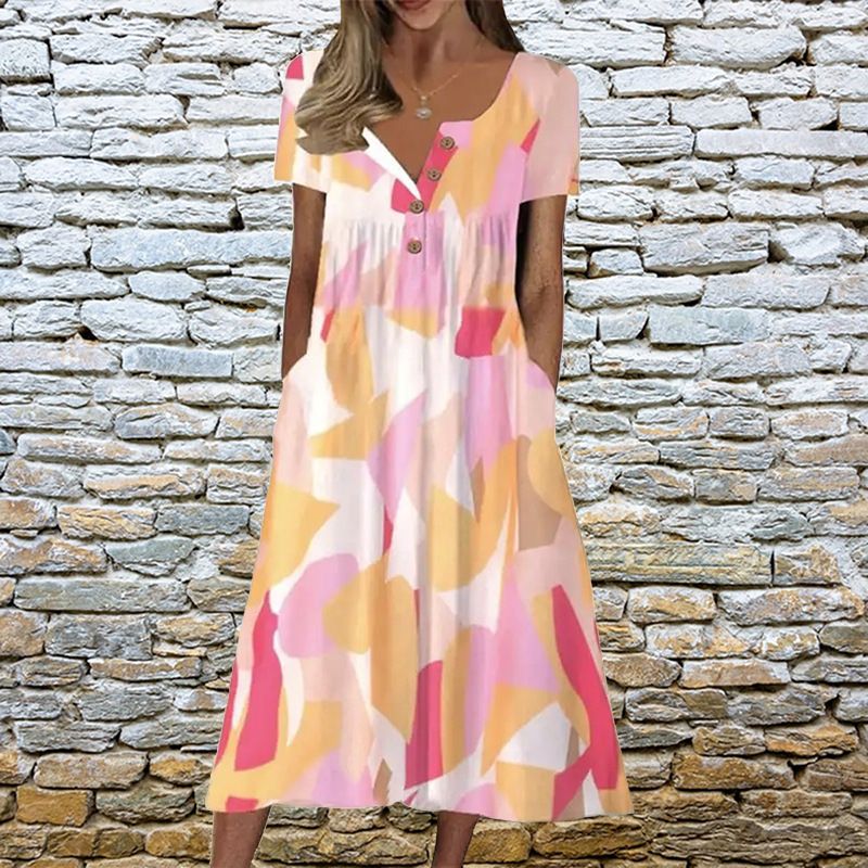 Women's Casual Loose Fit Printed Maxi Dress V‑Neck Long Sleeve Free Flowing Dress With Side Pockets_ecoleips.com
