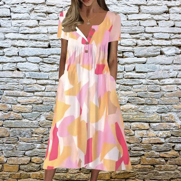 Women's Casual Loose Fit Printed Maxi Dress V‑Neck Long Sleeve Free Flowing Dress With Side Pockets_ecoleips.com