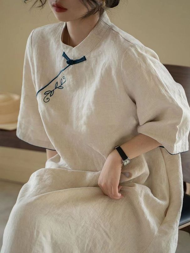 Spring/Summer 2026 Cotton And Linen Loose, Retro Embroidered New Chinese-Style Improved Cheongsam Dress, Small Stand-Up_ecoleips.com