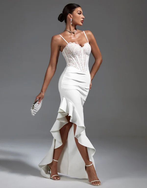 Women's Clothing Popular Style Bandage Dress White Lace Sexy V Neck Sleeveless Celebrity Party Evening Dress_ecoleips.com