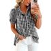 Women's Summer V-Neck Blouse With Ruffles, Bubble Sleeves, Button Detail, Striped & Checkered Casual Shirt_ecoleips.com