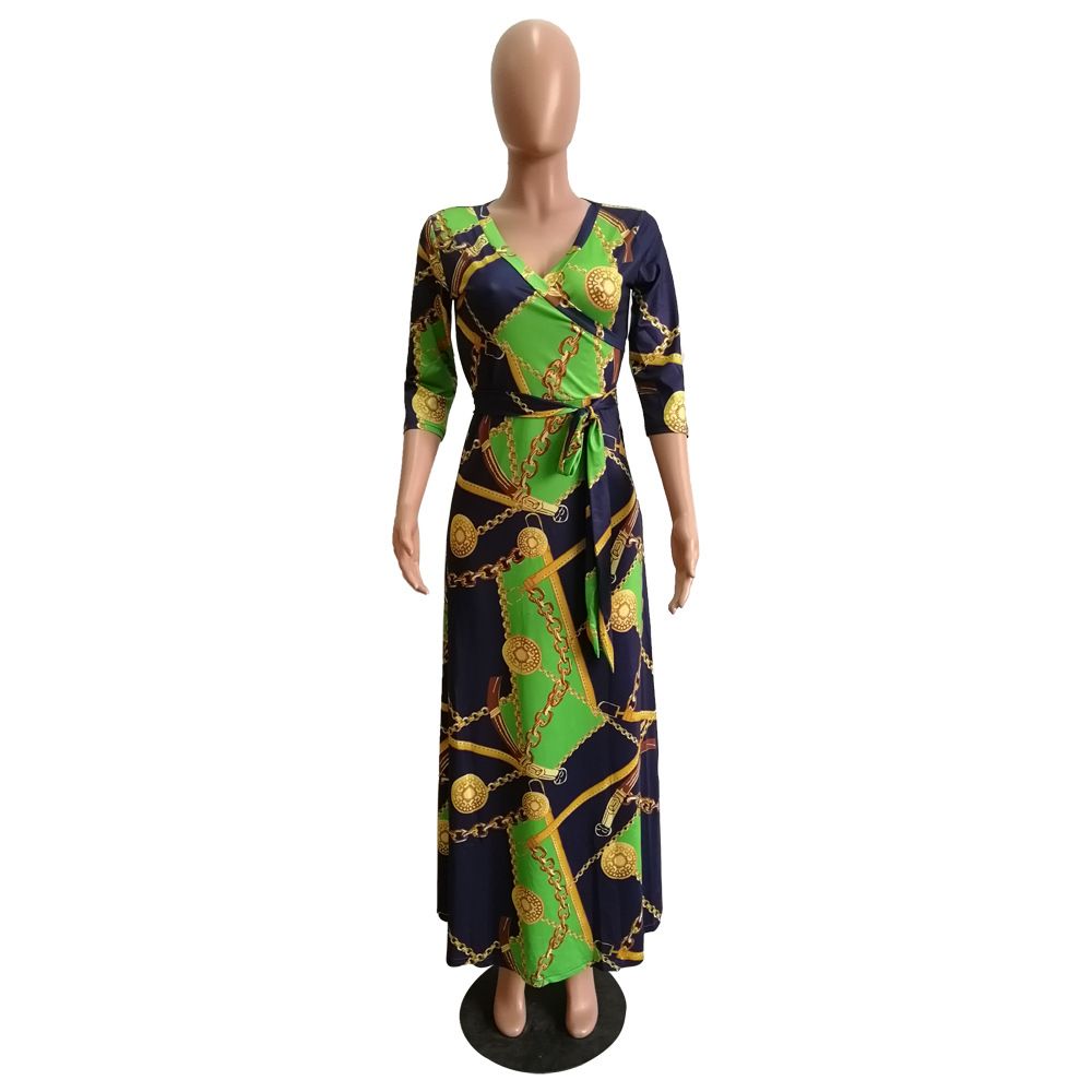 Women's Clothing Sexy V-Neck Print Floor Length Dress Plus Size Bohemian Casual Style For Women Summer Dress_ecoleips.com