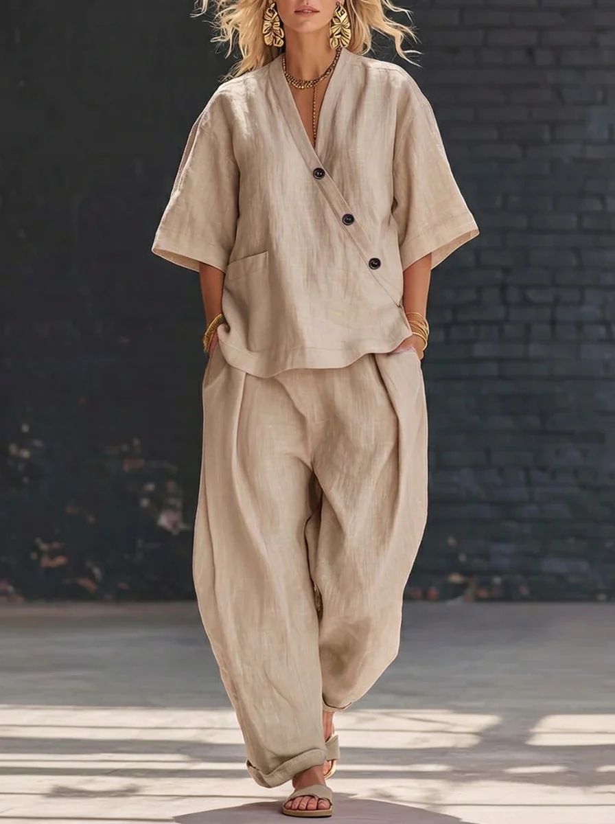 Women's Clothing Women's Fashion Two Piece Set Style V Neck Loose Short Sleeve Top With High Waisted Trousers Solid Color Casual_ecoleips.com