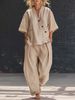 Women's Clothing Women's Fashion Two Piece Set Style V Neck Loose Short Sleeve Top With High Waisted Trousers Solid Color Casual_ecoleips.com