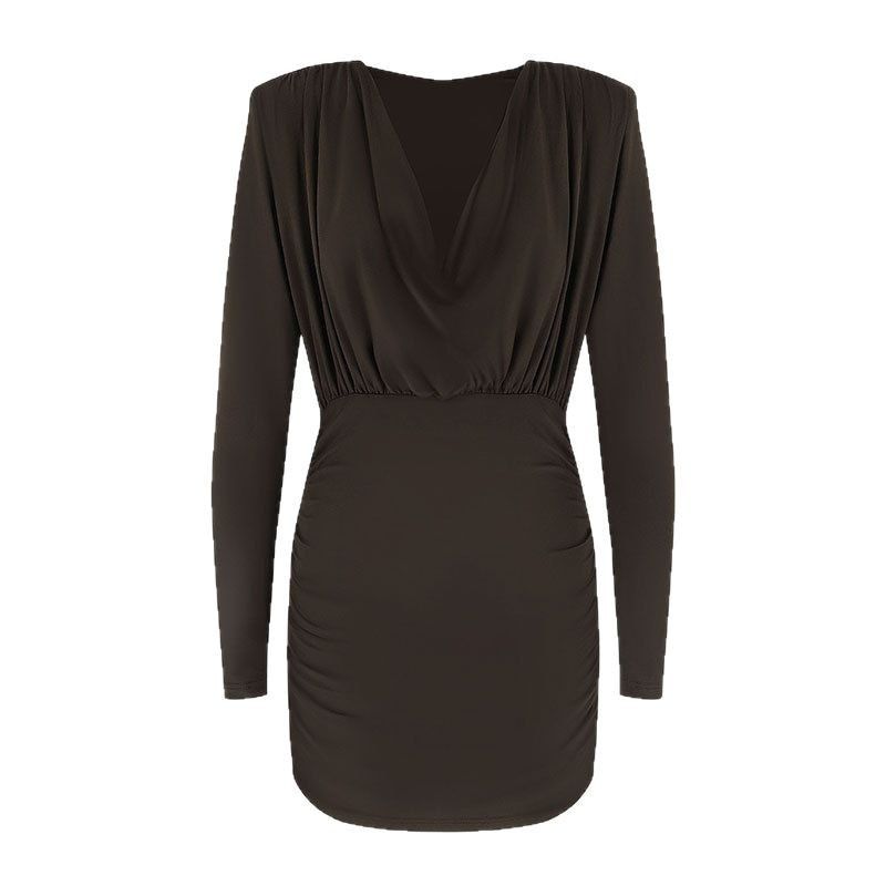 New European And American Style V-neck Sexy Fashion Long-sleeve Solid Color High-waisted Pleated Bodycon Dress,_ecoleips.com